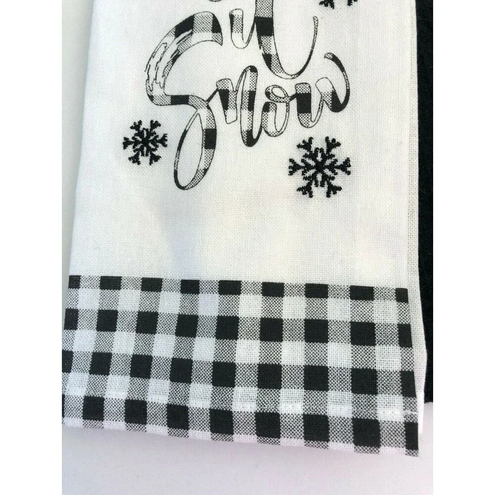 Christmas Dish Towels Set of 2 Let It Snow Snowflakes Embroidered Buffalo Check
